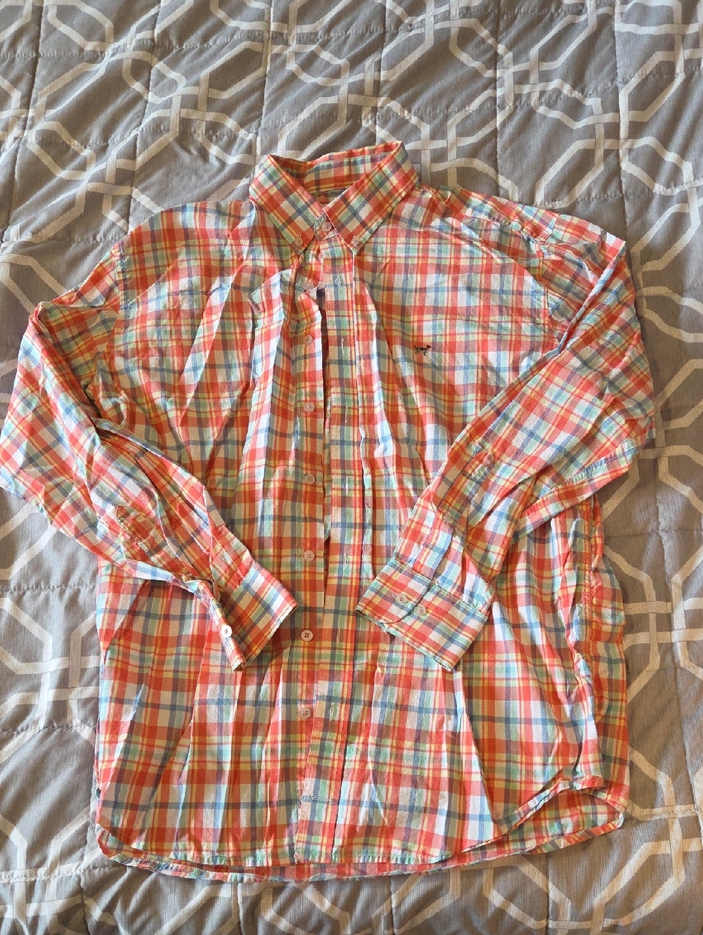 Men's Casual Plaid Button-Down Shirt - Coral, Blue & Cream